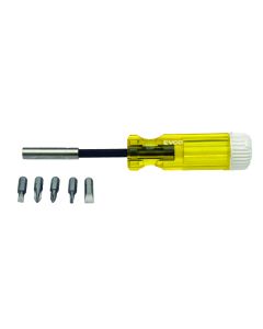 Screwdriver; 5 In 1; 8 Inch; Aluminum Shaft; Yellow; With Magnetic Tip; With 250SS8 Slot/ 4P2 Phillips/ 250R1 Square/ 250R2 Square/ 000C3 Clutch; Carded

