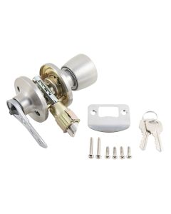 Door Lock Knob; Keyed Entry Handle; Fits 2-3/8 Inch or 2-3/4 Inch Backsets; Fits Both Standard and Drive-In Latches; Stainless Steel Finish; Single

