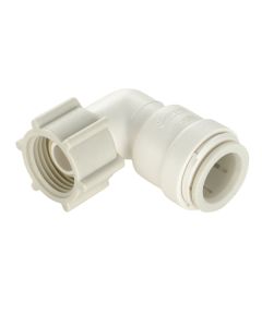 Fresh Water Fitting; AquaLock; Adapter; 1/2 Inch Female Quick Connect Copper Tube End x 3/4 Inch Female Garden Hose Thread Swivel End Nut; 90 Degree Elbow; Off-White; Polysulfone (High Performance Thermal Plastic); Single; With Retail Package

