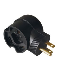 Power Cord Adapter; For Connecting RV Power Inlet To Standard Power Source; 90 Degree Right Angle Adapter; 15 Amp Male To 30 Amp Female; RV Use Only; 2 Pole; 3 Wire Grounding; Black
