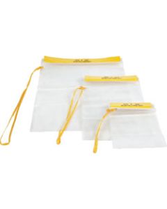 Waterproof Pouch; Set of 3; One 10-1/2 Inch x 13-1/2 Inch/ One 6-3/4 Inch x 10 Inch and One 4-3/4 Inch x 7 Inch; Triple Fold Top With Hook and Loop Closure; With Strap; Clear; Vinyl
