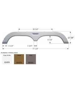 Fender Skirt; Tandem Axle; Fits Various Fleetwood Brands Including Prowler/ Prowler Regal/ Regal/ Redline Hyper Lite/ Terry/ Terry Quantum/ Terry LX/ Wilderness; 77-1/8 Inch Length x 13-7/8 Inch Height; Grey; ABS Plastic; Tandem; Single; Use Measurements 