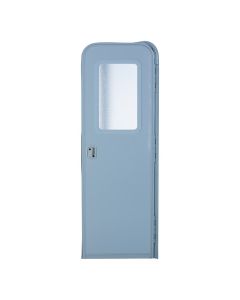 Entry Door; Radius Door; 26 Inch Width x 72 Inch Height; Right Side Hinges; Keyed Entry; Polar White With Pebble Finish; With White Handle and Hardware; With 12 Inch x 21 Inch Fixed Window With Obscure Glass and White Frame; With 1 Inch Residential Style 