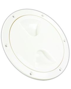 Access Door; 4.45 Inch Cutout Diameter; 5.12 Inch Outside Diameter; Use For Cord And Fresh Water Access To RV Compartments; White; ABS Plastic; Lockable; With Rubber Seal; Single
