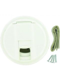 Electrical Cord Hatch; Electrical Hatch; 5 Inch x 3 Inch; Round; For 3 Inch and 3.5 Inch Cutout; Accepts Up To 50 Amp Cord; White; Plastic; Not Lockable; With Frame/ Door/ Door Latch/ Installation Hardware and Tape
