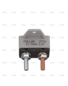 Circuit Breaker; TYPE I; 50 Amp/ 12 Volt DC; Single Pole Thermal Type; Plastic Base; Automatic Reset; With 90 Mounting Bracket; Single; Retail Packaging
