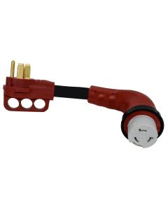 Power Cord Adapter; Mighty Cord ™; For Connecting RV Power Inlet To Standard Power Source; 50 Amp Male To 50 Amp Female; 50 Amp; Detachable; 90 Degree Female Locking Connectors; 12 Inch Length; Not Waterproof; With LED Light; With Finger Grip On Male End;