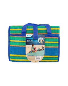 Patio Mat; Handy Mat; 6-1/2 Foot Length x 5 Foot Width; Blue/ Green Stripe; Polypropylene; Without Grommets; With Handles and Pockets
