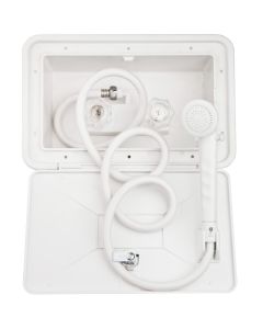 Exterior Shower; 11 Inch Width x 6 Inch Height; White; With Lock And Key; With 2 Crystal Acrylic Knob Handle/ 90 Degree Elbow Outlet/ 60 Inch Vinyl Hose/ Shower Wand With Trickle Switch
