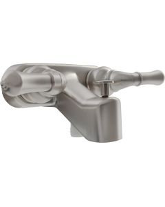 Faucet; Classical Series; Used For Bathtub; Single Piece 4 Inch Wall Mount With Pull-Up Tub/ Shower Diverter; 2 Lever Classical Handle; Brushed Satin Nickel Plated/ Plastic; 2 Hole Application; Washerless Cartridge Valve
