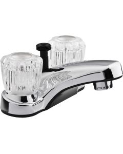 Faucet; Used For Lavatory; Single Piece 4 Inch Deck Mount With Shower Diverter; 2 Clear Crystal Acrylic Knob Handle; Chrome Plated/ Plastic; 2 Hole Application; Washerless Cartridge Valve
