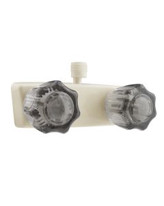 Shower Control Valve; 2 Valve; Single Piece Wall Mount; 1/4 Turn Washerless Valve; 4 Inch Center Distance; 2 Hole Application; Smoked Crystal Acrylic Knob Handle; Bisque Parchment; Plastic; With Vacuum Breaker Hose Connection
