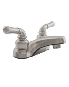 Faucet; Classical Series; Used For Lavatory; Single Piece 4 Inch Deck Mount; 2 Teapot Classical Handle; Brushed Satin Nickel Plated/ Plastic; 2 Hole Application; Washerless Cartridge Valve
