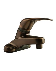 Faucet; Used For Lavatory; Single Piece 4 Inch Deck Mount; Single Loop Lever Handle; Oil Rubbed Bronze Coated/ Plastic; 2 Hole Application; Washerless Valve
