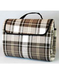 Picnic Blanket; 6-1/2 Foot x 5-1/2 Foot; Brown/ Gray Plaid; PVC Coated Waterproof Backing; With Storage Case
