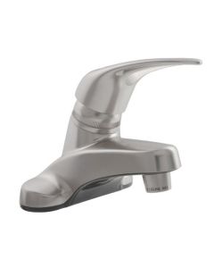Faucet; Used For Lavatory; Single Piece 4 Inch Deck Mount; Single Loop Lever Handle; Brushed Satin Nickel Plated/ Plastic; 2 Hole Application; Washerless Valve

