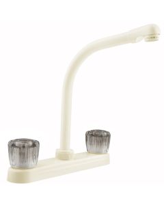 Faucet; Used For Kitchen; Single Piece 8 Inch Deck Mount; 10 Inch Hi-Rise Spout; 2 Smoked Acrylic Knob Handle; Bisque Parchment/ Plastic Body/ Brass Spout; 2 Hole Application; Washerless Cartridge Valve
