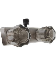Shower Control Valve; 2 Valve; Single Piece Wall Mount; 1/4 Turn Washerless Valve; 4 Inch Center Distance; 2 Hole Application; Smoked Crystal Acrylic Knob Handle; Brushed Satin Nickel Plated; Plastic; With Vacuum Breaker Hose Connection
