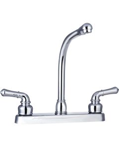 Faucet; Classical Series; Used For Kitchen; Single Piece 8 Inch Deck Mount; 10 Inch Hi-Rise Classical Spout; 2 Teapot Classical Handle; Chrome Plated/ Plastic Body/ Brass Spout; 2 Hole Application; Washerless Cartridge Valve
