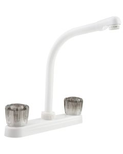 Faucet; Used For Kitchen; Single Piece 8 Inch Deck Mount; 10 Inch Hi-Rise Spout; 2 Smoked Acrylic Knob Handle; White/ Plastic Body/ Brass Spout; 2 Hole Application; Washerless Cartridge Valve
