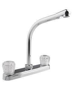 Faucet; Used For Kitchen; Single Piece 8 Inch Deck Mount; 10 Inch Hi-Rise Spout; 2 Clear Crystal Acrylic Knob Handle; Chrome Plated/ Plastic Body/ Brass Spout; 2 Hole Application; Washerless Cartridge Valve

