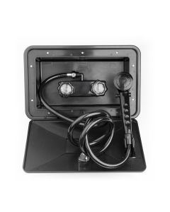 Exterior Shower; 11 Inch Width x 6 Inch Height; Black; With Lock And Key; With 2 Smoked Acrylic Knob Handle/ 90 Degree Elbow Outlet/ 60 Inch Vinyl Hose/ Shower Wand With Trickle Switch
