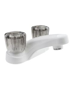 Faucet; Used For Lavatory; Single Piece 4 Inch Deck Mount; 2 Smoked Acrylic Knob Handle; White/ Plastic; 2 Hole Application; Washerless Cartridge Valve
