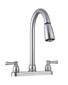 Faucet; Used For Kitchen; Single Piece 8 Inch Deck Mount; 15 Inch Pull Down Spout; 2 Teapot Designer Handle; Brushed Satin Nickel Plated/ Plastic; 2 Hole Application; 3/8 Inch-19 NPS Hose Connection; Washerless Cartridge Valve
