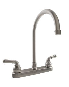 Faucet; Used For Kitchen; Single Piece 8 Inch Deck Mount; 12 Inch J-Spout; 2 Teapot Classical Handle; Brushed Satin Nickel Plated/ Plastic Body/ Brass Spout; 2 Hole Application; Washerless Cartridge Valve
