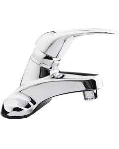 Faucet; Used For Lavatory; Single Piece 4 Inch Deck Mount; Single Loop Lever Handle; Chrome Plated/ Plastic; 2 Hole Application; Washerless Valve
