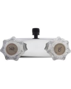 Shower Control Valve; 2 Valve; Single Piece Wall Mount; 1/4 Turn Washerless Cartridge Valve; 4 Inch Center Distance; 2 Hole Application; Clear Crystal Acrylic Knob Handle; Chrome Plated; Plastic; With Vacuum Breaker Hose Connection
