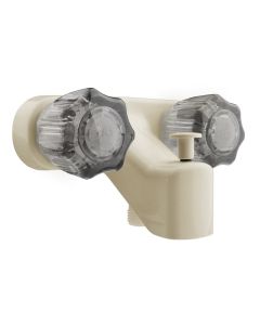 Faucet; Used For Bathtub; Single Piece 4 Inch Wall Mount With Pull-Up Tub/ Shower Diverter; 2 Smoked Acrylic Knob Handle; Bisque Parchment/ Plastic; 2 Hole Application; 1/4 Turn Washerless Cartridge Valve
