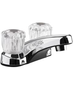 Faucet; Used For Lavatory; Single Piece 4 Inch Deck Mount; 2 Clear Crystal Acrylic Knob Handle; Chrome Plated/ Plastic; 2 Hole Application; Washerless Cartridge Valve
