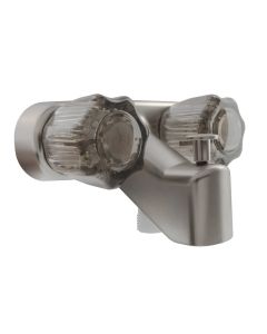 Faucet; Used For Bathtub; Single Piece 4 Inch Wall Mount With Pull-Up Tub/ Shower Diverter; 2 Smoked Acrylic Knob Handle; Brushed Satin Nickel Plated/ Plastic; 2 Hole Application; 1/4 Turn Washerless Cartridge Valve
