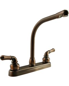 Faucet; Classical Series; Used For Kitchen; Single Piece 8 Inch Deck Mount; 10 Inch Hi-Rise Classical Spout; 2 Teapot Classical Handle; Oil Rubbed Bronze Coated/ Plastic Body/ Brass Spout; 2 Hole Application; Washerless Cartridge Valve

