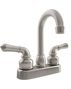 Faucet; Classical Series; Used For Bar; Single Piece 4 Inch Bar Deck Mount; 6 Inch Hi-Arc Spout; 2 Teapot Classical Handle; Brushed Satin Nickel Plated/ Plastic Body/ Brass Spout; 2 Hole Application; Washerless Cartridge Valve
