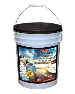 RV Start Up Kit; Deluxe Bucket Kit For Motorhomes; With 2 Rolls Toilet Paper/ 25 Foot Drinking Water Hose/ 30 Amp to 15 Amp Electrical Adapter/ Lead-Free Water Regulator/ 4 Toilet Treatments/ 20 Foot Drain Hose With Straight Hose Adapter/ Bag Of RV Dump G