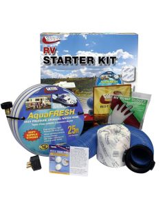 RV Start Up Kit; Standard Kit For Motorhomes; Potty Toddy; With 1 Roll Toilet Paper/ 25 Foot Drinking Water Hose/ 30 Amp to 15 Amp Electrical Adapter/ 2 Potty Toddy Toilet Treatments/ 10 Foot Drain Hose With Straight Hose Adapter/ Bag Of RV Dump Gloves; B