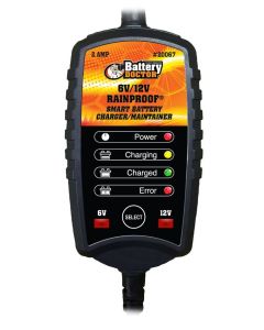Battery Charger; Battery Doc ® Rainproof ®; For 6 Volt/ 12 Volt Batteries; Automatic Charger And Maintainer; 2 Amp Charging Current; IP65 Water-Resistant Molded Case; Battery Charge Status LED Indicator; With Ring Terminal/ Alligator Clip Cable Attachment