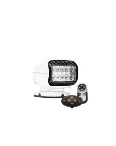 Spotlight; 40 Watt LED; White Rectangular Housing; Permanent Mount; White Light; 6-3/4 Inch Depth x 7-1/4 Inch Width x 7-1/2 Inch Height; 370 Degree Rotation x 135 Degree Tilt; 12 Volt; 3.7 Amp; Hardwired; With Dual Wireless Handheld And Dash Mount Remote