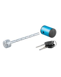 Trailer Coupler Lock; Barbell; 1/4 Inch Diameter; Fits 1 to 3 Inch Coupler Span; Right Angle; Locking; With Dust Cap; Chrome and Blue; With 2 Keys

