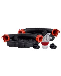 Sewer Hose; Dominator ™; 20 Foot Length; 39 Inch Compressed Length For Each 10 Foot Section; UV Stabilized Poly Construction; Black With Red Fittings; With Two 10 Foot Hoses/ Rotating Fittings/ Universal 90 Degree Sewer Adapter; Boxed
