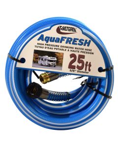 Fresh Water Hose; Aqua Fresh; Not Heated; 5/8 Inch Internal Diameter; 25 Foot Length; Suitable For Drinking Water; BPA/ Phthalate And Lead Free; Blue; With Hose Gripper and Pre-Installed Hose Saver On Both Ends
