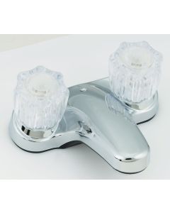 Faucet; Used For Lavatory; Single Piece 4 Inch Deck-Mount; 2 Clear Crystal Knob Handle; Chrome Plated/ Plastic
