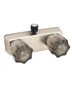 Shower Control Valve; 2 Valve; Single Piece; 4 Inch Center Distance; Knob Handle; Clear Crystal Knob/ White Housing; Plastic; With Vacuum Breaker
