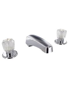 Faucet; Used For Bathtub; Three Piece 8 Inch To 24 Inch Adjustable Center Deck Mount; 2 Clear Crystal Acrylic Knob Handle; Polished Chrome Plated/ Plastic Underbody; 3 Hole Application; 1/4 Turn Washerless Valve; With Individual Box
