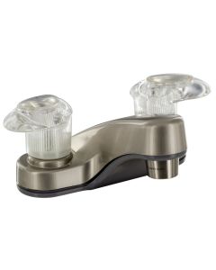 Faucet; Catalina; Used For Lavatory; Single Piece 4 Inch Deck Mount; 2 Acrylic Lever Handle; Brushed Nickel Plated/ Plastic Underbody; 2 Hole Application; 1/4 Turn Washerless Valve; With Individual Box
