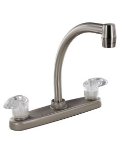 Faucet; Catalina; Used For Kitchen; Single Piece 8 Inch Deck Mount; 9 Inch Hi-Arc Spout; 2 Acrylic Lever Handle; Brushed Nickel Plated/ Plastic Underbody; 2 Hole Application; 1/4 Turn Washerless Valve; With Individual Box