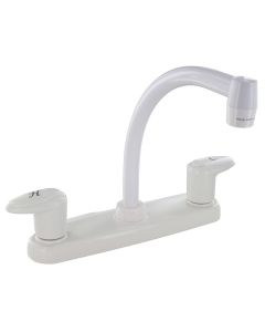 Kitchen Faucet, 8 Hi-Arc, 2 Lever, 1/4 Turn, Plastic, White, Box
