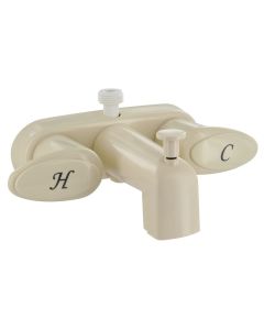Faucet; Used For Bathtub; Single Piece 4 Inch Wall Mount With Tub/ Shower Diverter; 2 Acrylic Lever Handle; Biscuit/ Plastic Underbody; 2 Hole Application; 1/4 Turn Washerless Valve; With D-Spud To Attach Hand Held Shower; With Individual Box
